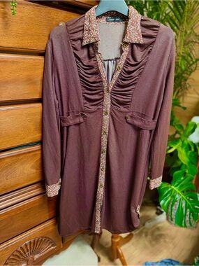 Mauve Floral Trim Button-Front Tunic Dress